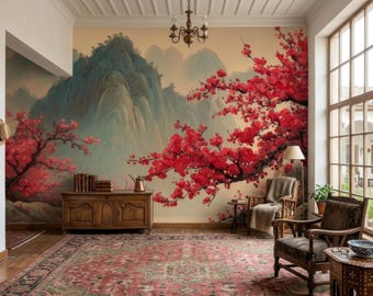 Puede incluir: Una habitación con un mural que representa un paisaje montañoso y ramas florecientes rojas. La habitación cuenta con un mueble de madera, sillas y una alfombra estampada. Una lámpara de araña y una lámpara de pie proporcionan iluminación.