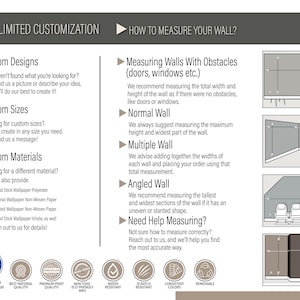 May include: Informational graphic with text about custom wallpaper options. Includes sections on custom designs, sizes, and materials. Also provides instructions on how to measure walls with obstacles, normal walls, multiple walls, and angled walls. Features icons for material quality and production.