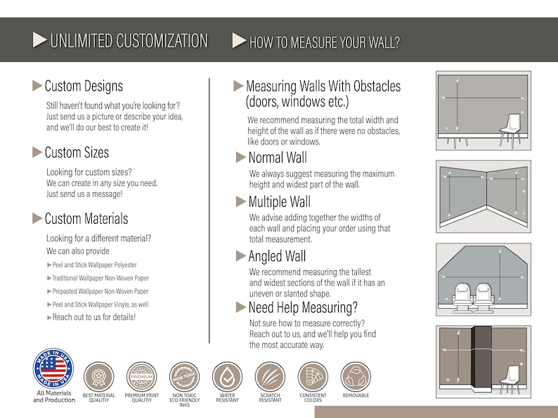 May include: Informational graphic with text about custom wallpaper options. Includes sections on custom designs, sizes, and materials. Also provides instructions on how to measure walls with obstacles, normal walls, multiple walls, and angled walls. Features icons for material quality and production.