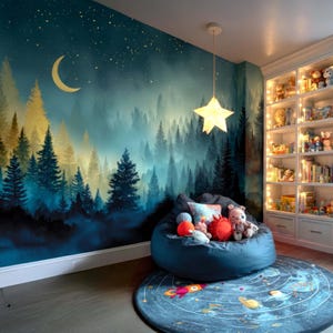 May include: A child's bedroom with a forest mural, a beanbag chair, and a rug with a planet design. A star-shaped light hangs from the ceiling. A white bookcase is filled with toys and books. The room has a cozy and whimsical atmosphere.
