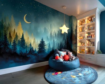 Misty Forest Pine Tree Wall Mural Celestial Night Moon Sky Wallpaper
