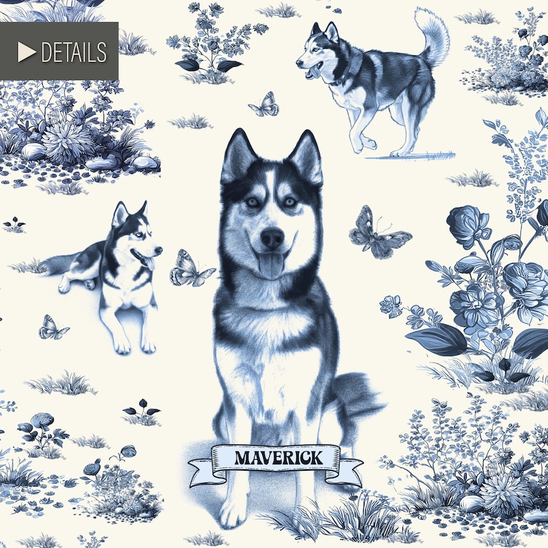 May include: A blue and white patterned design featuring illustrations of Siberian Huskies, butterflies, and floral elements. The word "MAVERICK" is displayed on a banner. The design has a vintage, hand-drawn aesthetic.