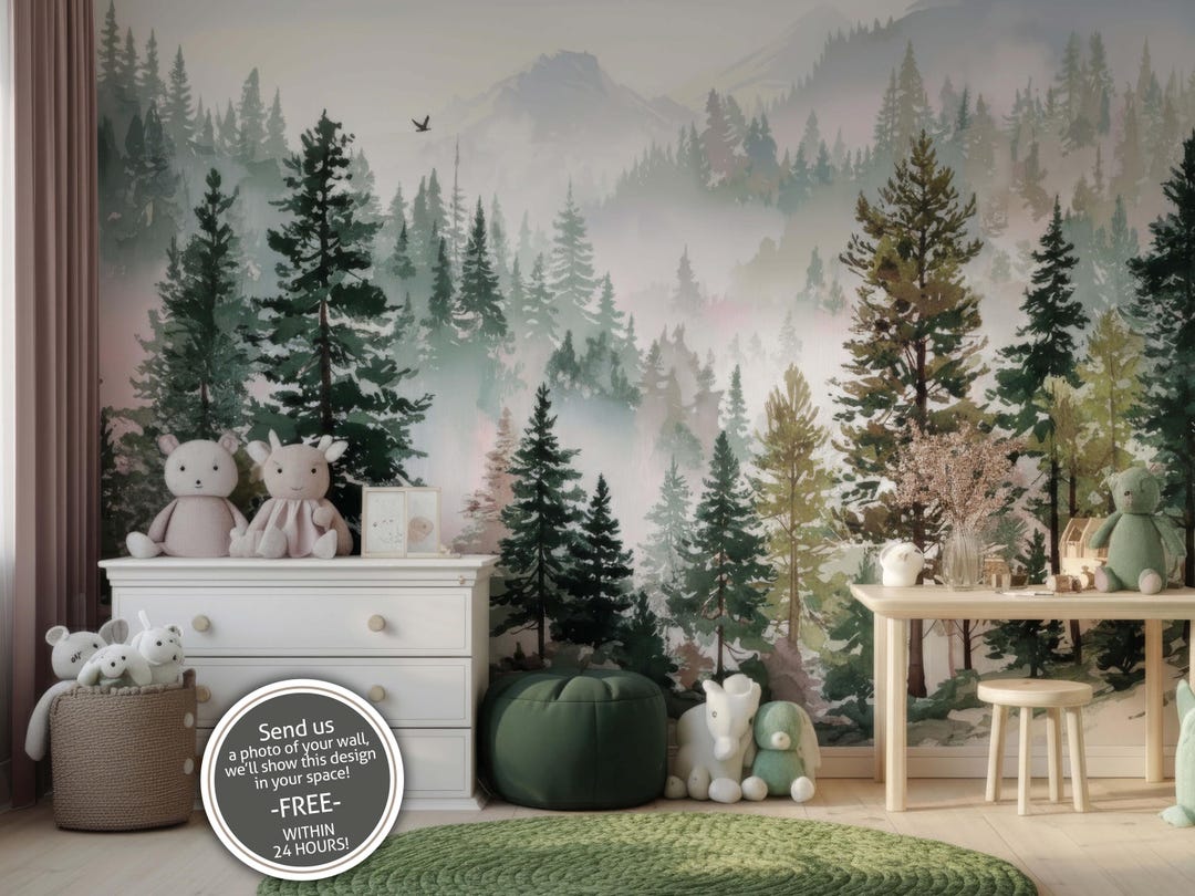 Watercolor Forest Wall Mural Pine Tree Wallpaper Kids Room Misty Green ...