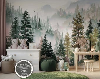 Watercolor Forest Wall Mural Pine Tree Wallpaper Kids Room Misty Green