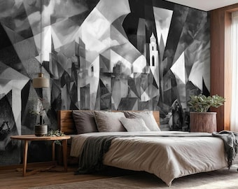 Picasso Style Schwarz-Weiß-Geometrische Tapete, Kubistische Monochrome Stadtbild Wandbild Wohnkultur