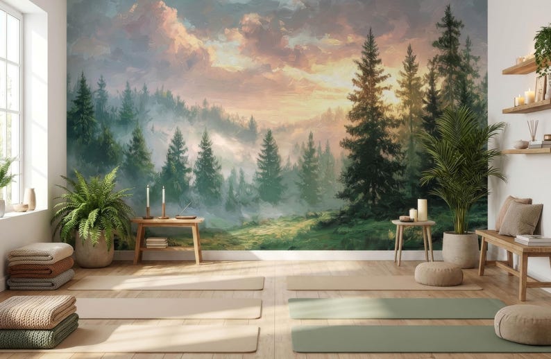 Yoga Studio Mist Forest Wallpaper Pine Tree Mural Woodland Zen Wall ...