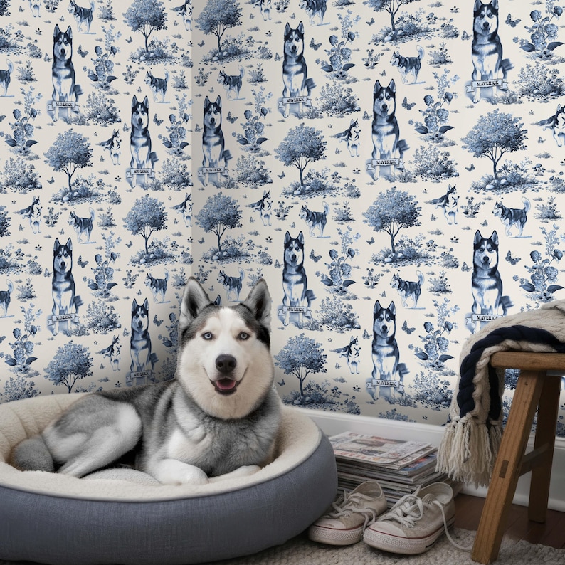 May include: A Siberian Husky dog lounges in a gray dog bed in front of a wallpaper featuring a blue and white toile pattern with Husky illustrations. The wallpaper has trees, butterflies, and the word "Musher" on banners.