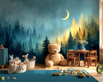 Enchanted Night Sky Wall Mural Dark Blue Forest Wallpaper Star Moon Stars Kids Room