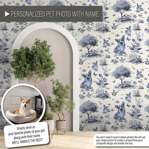May include: A personalized pet photo with name. The image features a Corgi dog in a pet bed, with a background of a blue and white toile pattern with Corgi illustrations. The text reads "PERSONALIZED PET PHOTO WITH NAME".