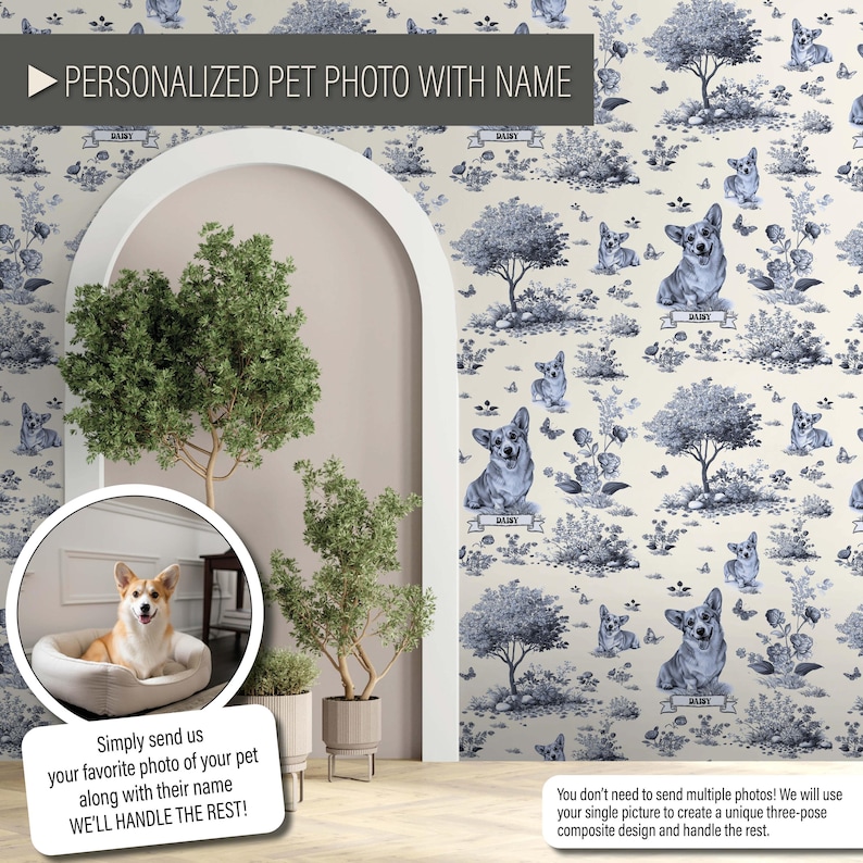 May include: A personalized pet photo with name. The image features a Corgi dog in a pet bed, with a background of a blue and white toile pattern with Corgi illustrations. The text reads "PERSONALIZED PET PHOTO WITH NAME".