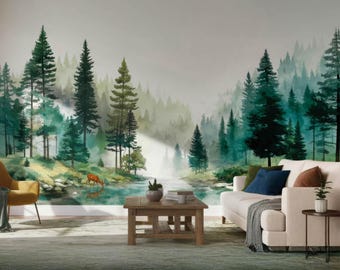 Watercolor Misty Pine Forest Wallpaper | Fairy Woodland Moody Nature Wall Mural