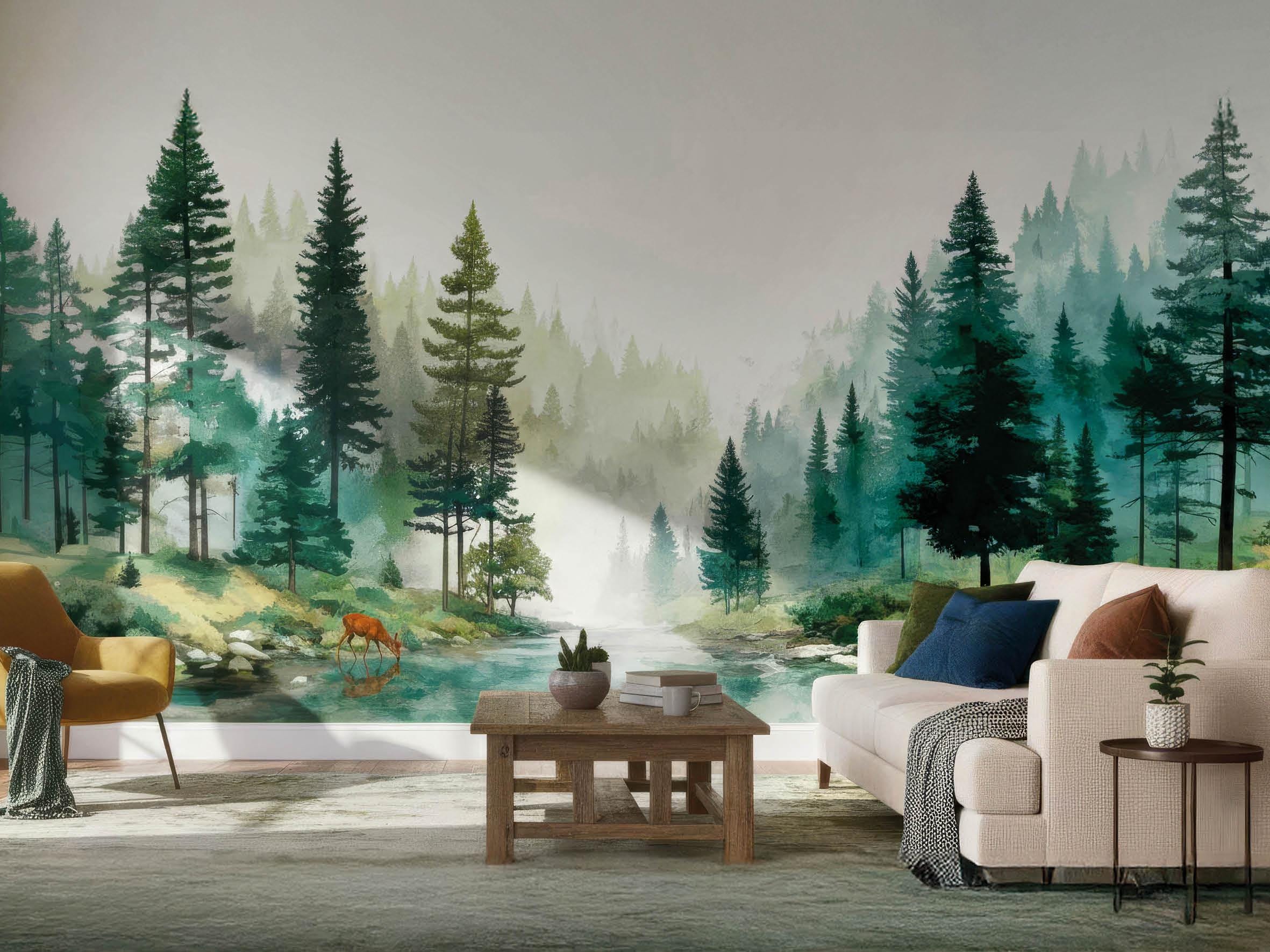 Foggy Pine Tree Forest River Mural: Watercolor Misty Woodland Peel and ...