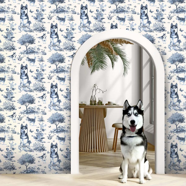 Personalized Pet Photo Wallpaper Mural Custom Dog Toile De Jouy Design Husky