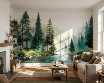 Watercolor Deer Pine Forest Wall Mural, Foggy Misty Green Nordic Stag Woodland Wallpaper, Removable Peel and Stick, Self Adhesive Room Decor