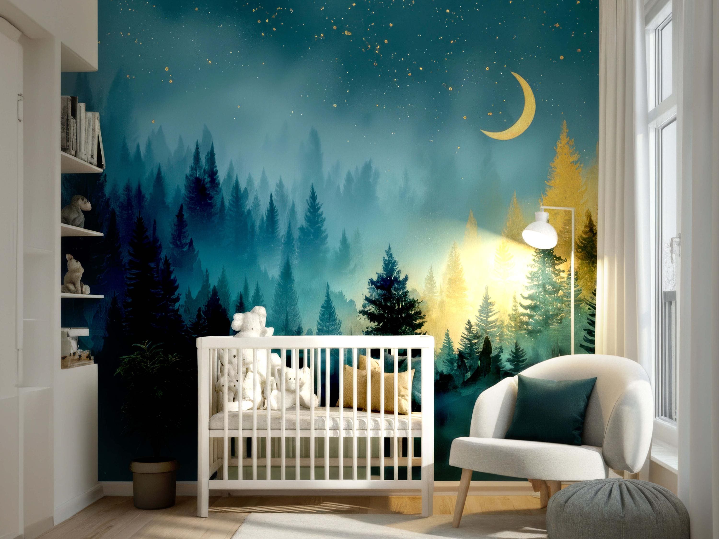 Misty Forest Pine Tree Wall Mural Celestial Night Moon Sky Wallpaper - Etsy