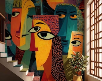 Picasso Style Wallpaper Mural Cubic Faces Colorful Abstract Modern Cubism Art Decor, Picasso Painting