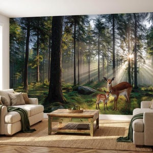 May include: A forest mural featuring a sunlit clearing with tall trees and a mother deer with her fawn. The scene is filled with light and shadow, creating a serene and natural ambiance. The mural is a large-scale wall decor.
