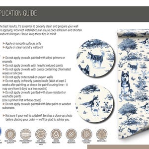 May include: Wallpaper roll featuring a blue and white husky dog pattern. The image includes application instructions and product details. The design showcases various husky poses amidst trees and foliage, creating a decorative aesthetic.