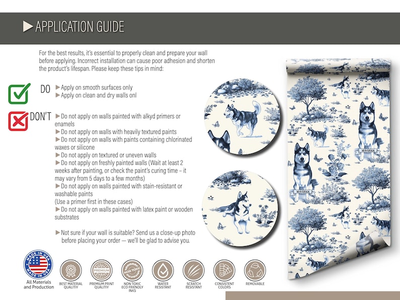 May include: Wallpaper roll featuring a blue and white husky dog pattern. The image includes application instructions and product details. The design showcases various husky poses amidst trees and foliage, creating a decorative aesthetic.