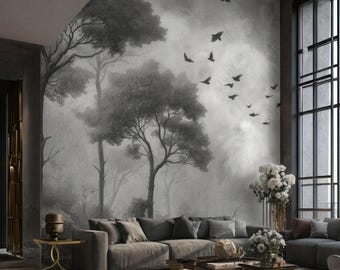 Gothic Crow Forest Mural Dark Moody Raven Peel Stick Wallpaper Vintage Monochrome Woods Decor