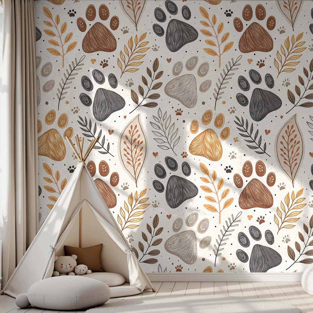 Neutral Dog Cat Paw Print Wallpaper for Kids Room, Pastel Color Nursery ...