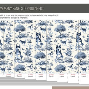 May include: Wallpaper panels featuring a repeating pattern of Siberian huskies, trees, and floral elements in shades of blue and white. The image includes text indicating panel sizes from 24 inches to 240 inches wide, with each panel being 24 inches wide.