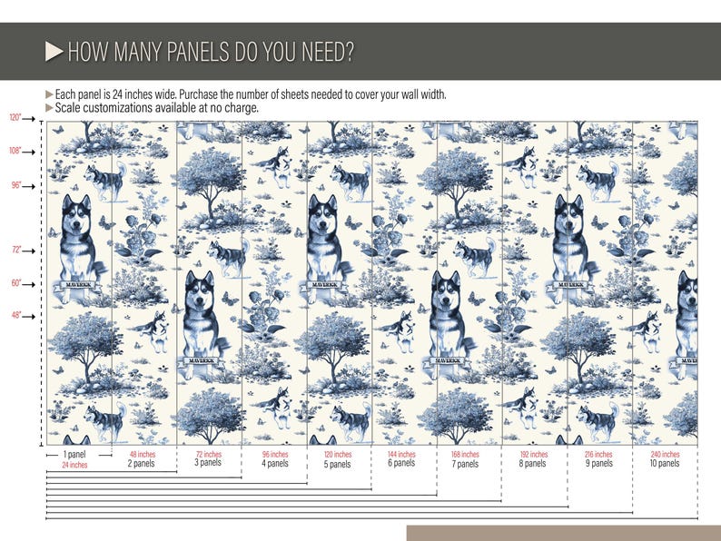 May include: Wallpaper panels featuring a repeating pattern of Siberian huskies, trees, and floral elements in shades of blue and white. The image includes text indicating panel sizes from 24 inches to 240 inches wide, with each panel being 24 inches wide.