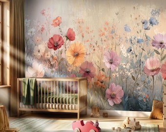 Floral Nursery Wall Mural, Watercolor Flower Wallpaper, Pastel Baby Girl Nursery Decor, Vintage Wildflower Wall, Soft Botanical Nursery Wall