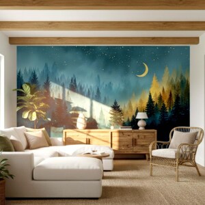 Misty Forest Pine Tree Wall Mural Celestial Night Moon Sky Wallpaper - Etsy