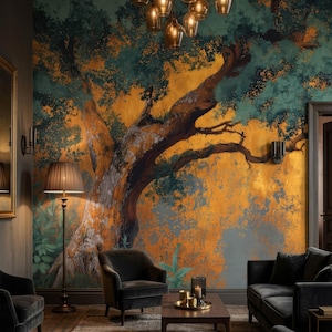 May include: A living room with a large mural of a tree with gold and green accents. The room features dark gray furniture, a floor lamp, and a coffee table. A chandelier hangs from the ceiling.