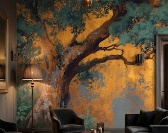 Murale con albero giapponese, carta da parati astratta con albero dalla texture dorata, foglie verde acqua