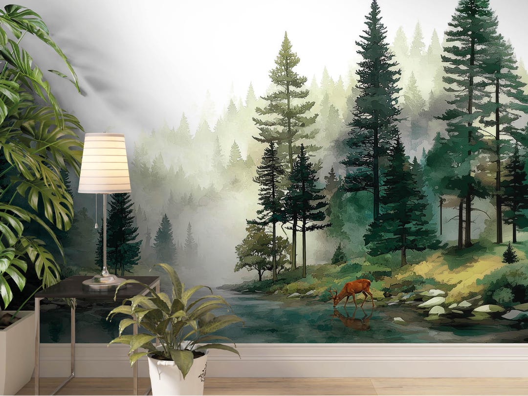 Woodland Misty Pine Trees, River Forest Wallpaper, Wall Mural, Mountain ...