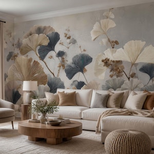 Modern Ginkgo Leaf Mural - Textured Metallic Wallpaper - Professional Decor for Cafe and Restaurant Walls - Large Nature Art Mural Trw158