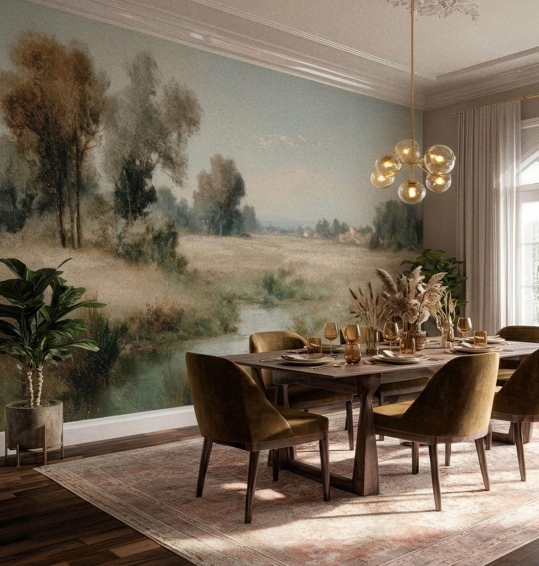 Camille Corot Style Mural, Vintage Pastoral Landscape Wallpaper ...