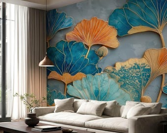 Mural de folha de lótus e ginkgo em tons de azul-petróleo, papel de parede botânico em estilo chinoiserie com detalhes dourados, decoração de parede em tons de azul-petróleo e cobre.