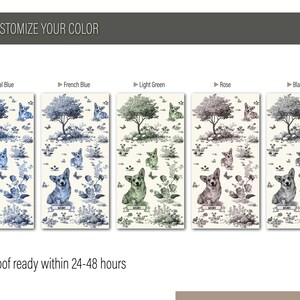 May include: A series of decorative panels featuring a Corgi dog design in various color schemes: Royal Blue, French Blue, Light Green, Rose, and Black. Each panel includes a tree, butterflies, and floral elements. Text: "CUSTOMIZE YOUR COLOR" and "Proof ready within 24-48 hours."