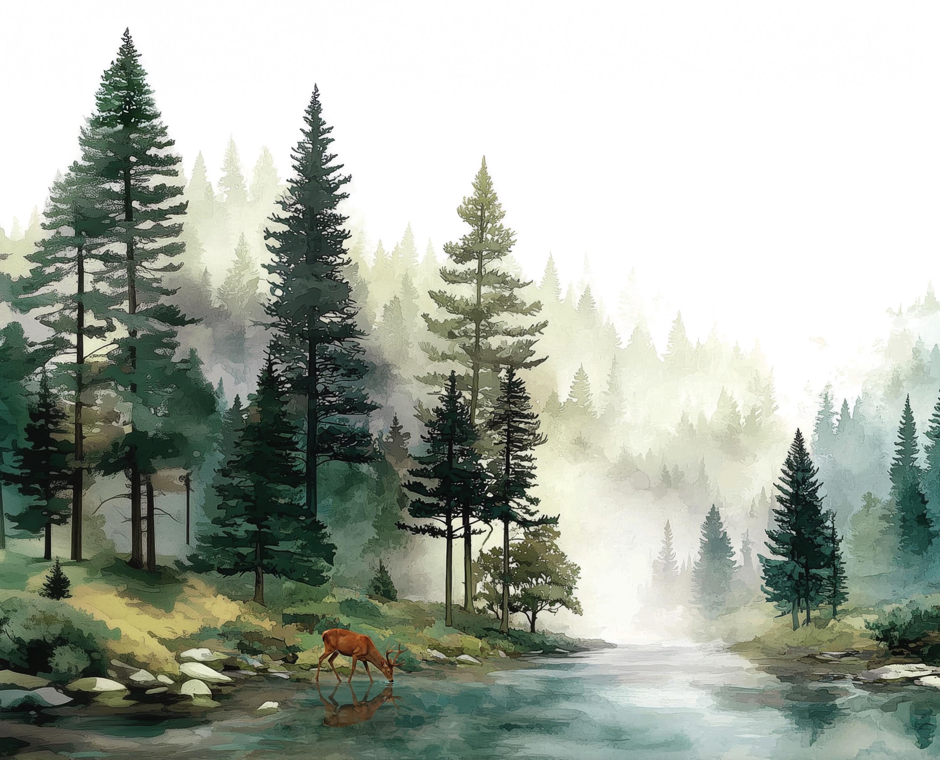 Foggy Pine Tree Forest River Mural: Watercolor Misty Woodland Peel and ...