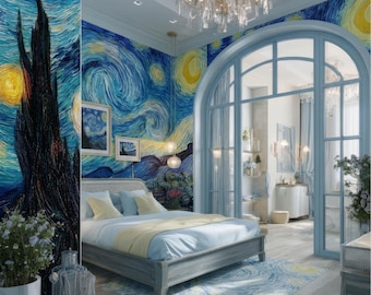 Starry Night Wall Mural Van Gogh Inspired Wallpaper Large Bedroom Living Room