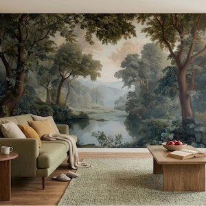 Enchanted Forest Wall Mural, Misty River Landscape Wallpaper, Vintage Nature Decor for Living Room Bedroom Interiors Wall Art Design