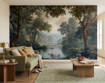 Enchanted Forest Wall Mural, Misty River Landscape Wallpaper, Vintage Nature Decor for Living Room Bedroom Interiors Wall Art Design