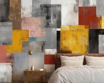 Abstract Geometric Patchwork Wallpaper Mural, Textured Mosaic Square Pattern, Multicolor Distressed Bedroom Wall Art Contemporary Home Decor