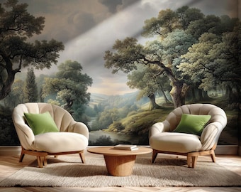 Forest Deer Woodland Mural: Moody Landscape Vintage Forest Wallpaper