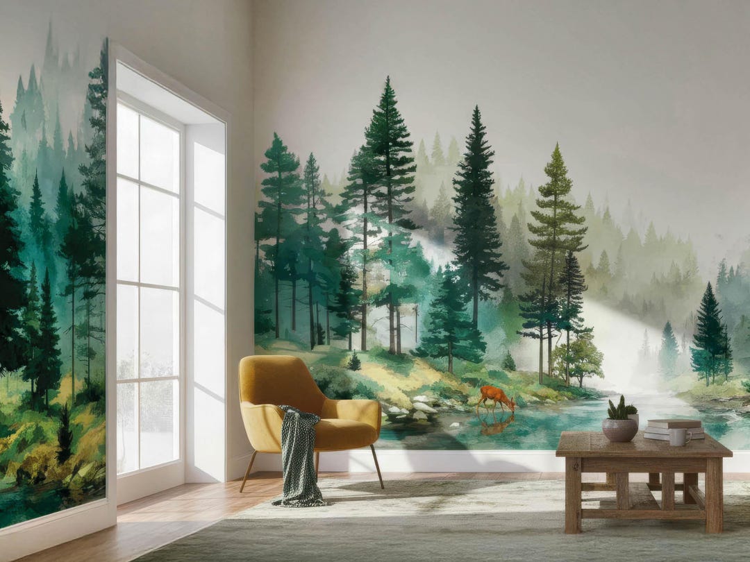 Sage Green Watercolor Misty Woodland Wall Mural, Fairy Pine Forest ...
