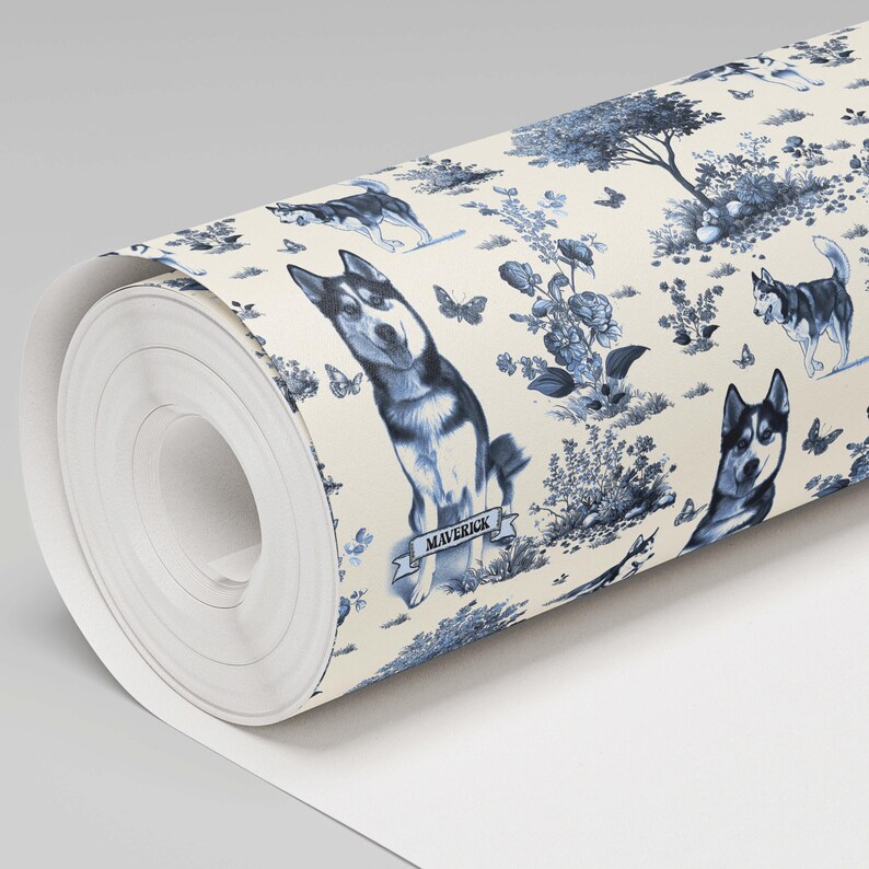 May include: A roll of wallpaper featuring a repeating pattern of blue and white Siberian huskies in a pastoral scene. The design includes trees, flowers, and butterflies. One husky has the name "Maverick" on a banner.