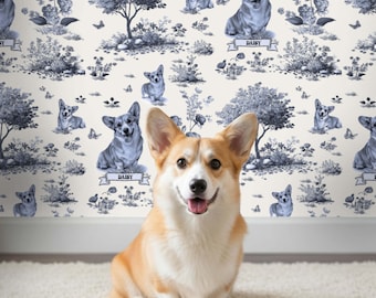 Personalized Dog Wallpaper Toile de Jouy, Custom Pet Photo Wall Mural, Corgie