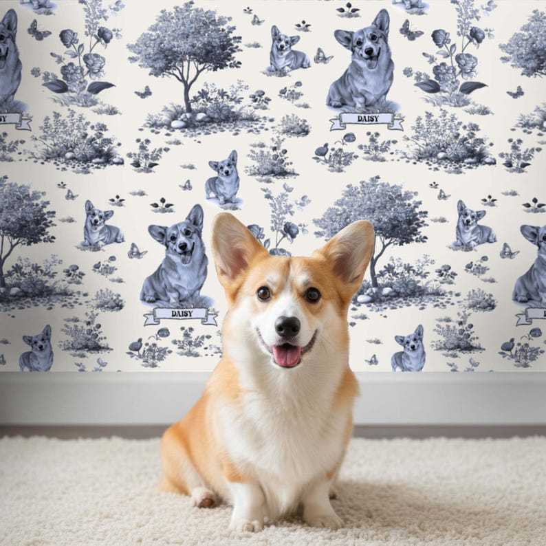 May include: A smiling corgi dog with a white and tan coat sits on a white rug in front of a wallpaper featuring a blue and white toile pattern with corgis, trees, and floral elements. The wallpaper has the name "Daisy" on some of the corgis.