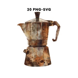 Puede incluir: Ilustración en acuarela de una cafetera italiana vintage. La cafetera es principalmente marrón y plateada con un aspecto texturizado y envejecido. El texto "20 PNG-SVG" está en la parte superior.