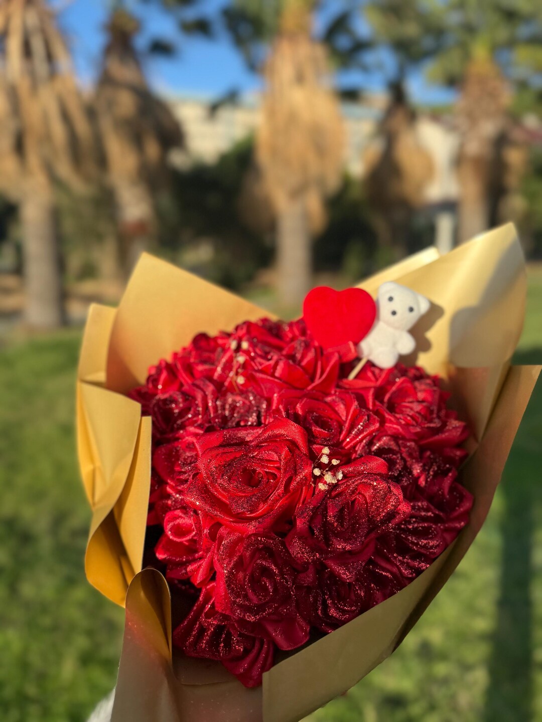 Red Satin Rose Bouquet With Teddy Bear & Heart – Forever Flower Gift ...