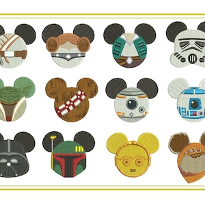 May include: Embroidered designs featuring Star Wars characters in a Mickey Mouse ear style. Characters include Darth Vader, Yoda, and Boba Fett. The designs are in various colors and are set against a white background.