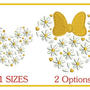 May include: Two embroidery designs featuring a Mickey Mouse head shape made of white daisies with yellow centers and gold hearts. One design includes a gold bow. The text "41 SIZES" and "2 Options" is below the designs.